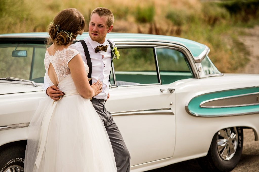 Stellavate Photography | Victoria BC wedding Photographer | Bride and groom pose in front of classic car on wedding day