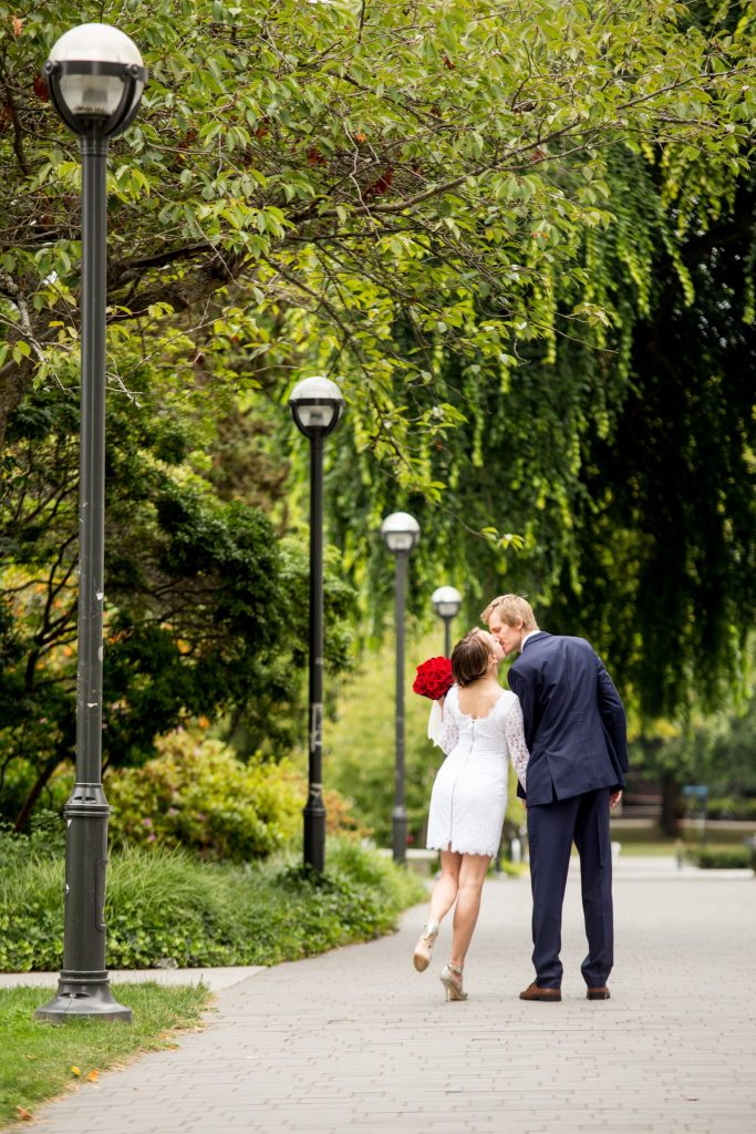 Stellavate Photography | Victoria BC wedding Photographer | Bride and groom kissing in the park at UBC