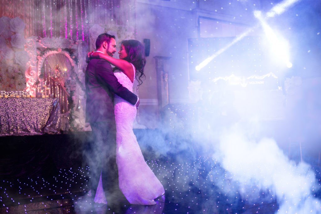 Stellavate Photography | Victoria BC wedding Photographer | Bride and groom dancing during reception with fog