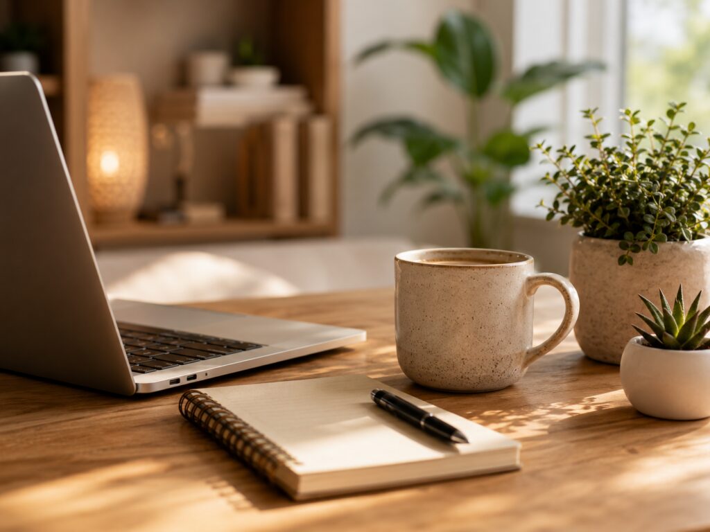 Laptop with notebook and Coffee, marketing agency nanaimo